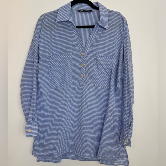 Zara Blue Striped pockets oversized Shirt size XS - Picture 1 of 7